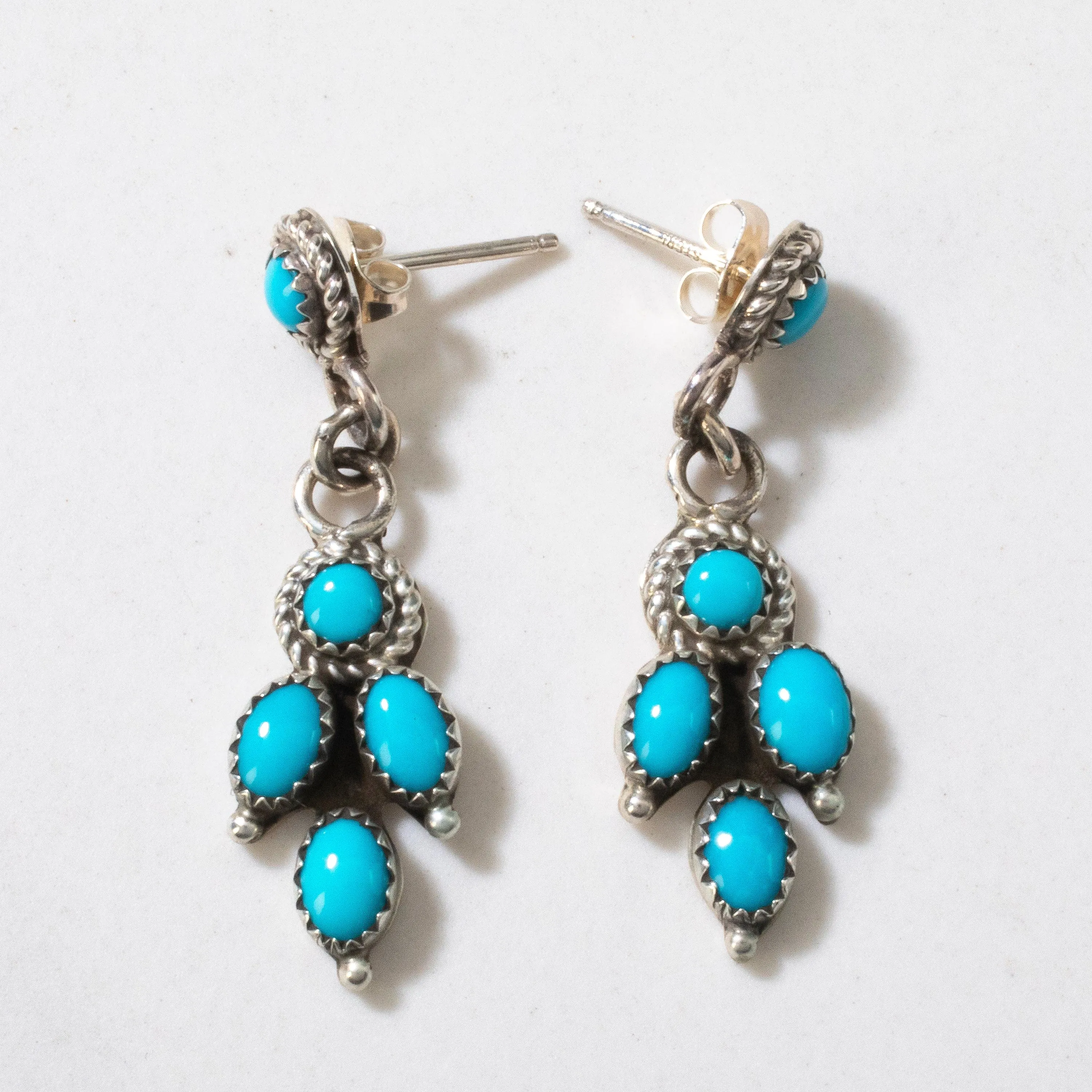 Sleeping Beauty Turquoise Dangle Navajo USA Native American Made 925 Sterling Silver Earrings with Stud Backing