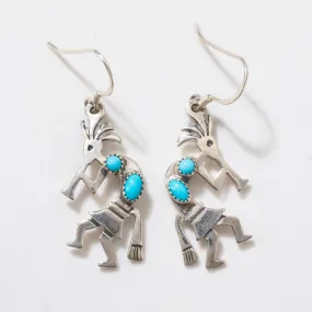 Sleeping Beauty Turquoise Kokopelli Navajo USA Native American Made 925 Sterling Silver Earrings with French Hook